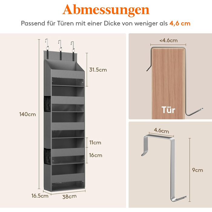 Органайзер для підвішування Lifewit Türorganizer з 5 полицями та 4 кишенями, сірий (1 шт.)