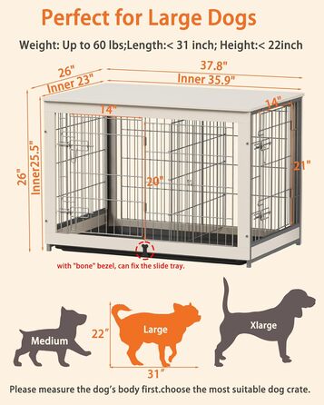 Будка для собак Piskyet з дерева з перегородкою, столиком, двома дверцятами, для дому (96 x 63,8 x 66,8 см), білий