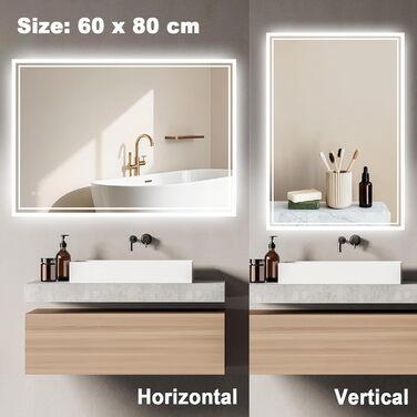 LED дзеркало для ванної кімнати з підсвічуванням 60 x 80 см – антизапар, 3 кольори, регулювання яскравості, подвійний сенсорний вимикач, функція збереження налаштувань при відключенні електроенергії, монтаж горизонтально/вертикально, квадратна форма.