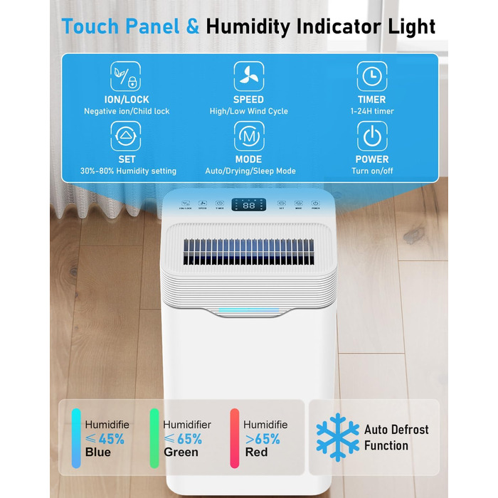 Електричний осушувач повітря 12L/день з таймером 24 год, 3 режими, автоматичне вимкнення, шланг для зливу, для приміщень до 100 м³, білий