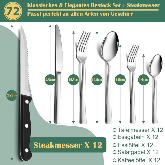 12-Piece Cutlery Set, HaWare 72-Piece Cutlery Set with Steak Knives, Stainless Steel Cutlery Set with Knife Fork Spoon, Elegant Flatware for Home/Restaurant/Party, Dishwasher Safe
