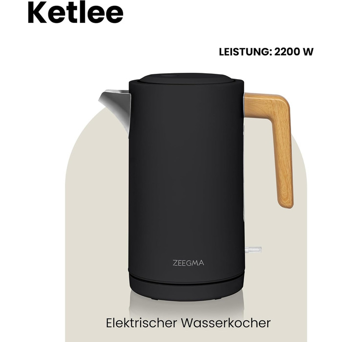 Електричний чайник ZEEGMA KETLEE 1,7 л бездротовий, з нержавіючої сталі, для чаю та кави, 2200 Вт, індикатор рівня води, автоматичне відключення, сучасний дизайн (білий/чорний)