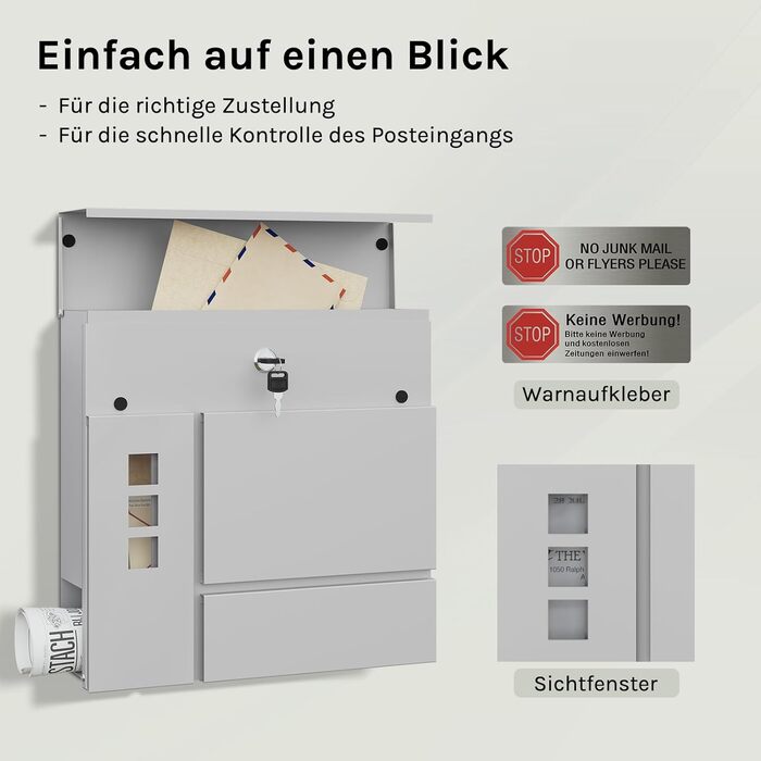 Поштовий ящик WOLTU XXL з відділенням для преси, захистом від реклами, оглядовим вікном, замком (2 ключі), антрацит (сірий) 37x37x10.5 см