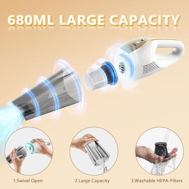 Акумуляторний пилосос EVARY 25KPa з HEPA-фільтром для авто, тварин, матраців, LED підсвічуванням, 30 хв роботи