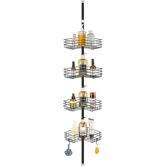 FIISAYL Shower Shelf No Drilling Telescopic Shower Shelf Metal Corner Shelf Bathroom Shelf with 4 Shower Baskets, Height Adjustable 85-325cm, Suitable for Bathtub Bathroom and Kitchen, Black