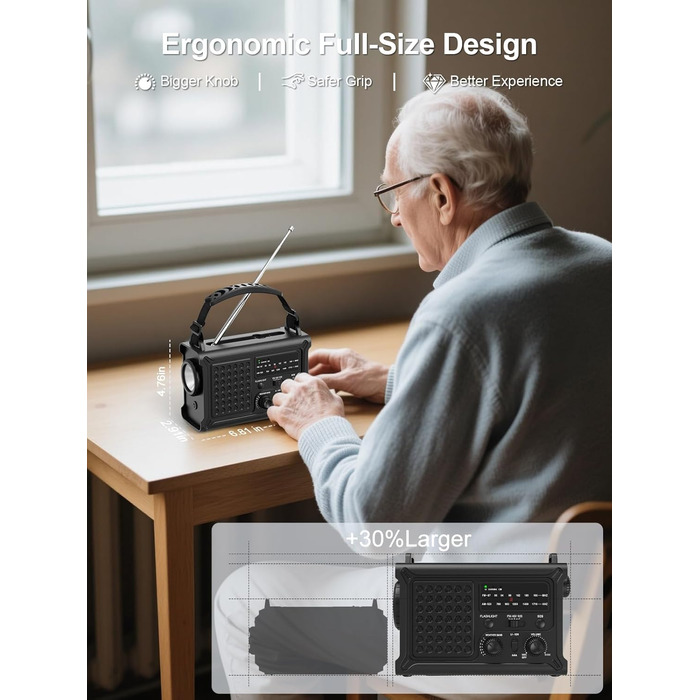 Радіо на сонячній енергії ROCAM 12000mAh з ручним генератором, AM/FM, LED ліхтарик, USB, SOS, IPX6, для кемпінгу та надзвичайних ситуацій (Чорний)