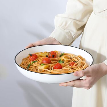 MALACASA Набір посуду 6 шт. з порцеляни: тарілки для пасти, супу, салату, сервірування. Білий з чорним обідком, 1250 мл