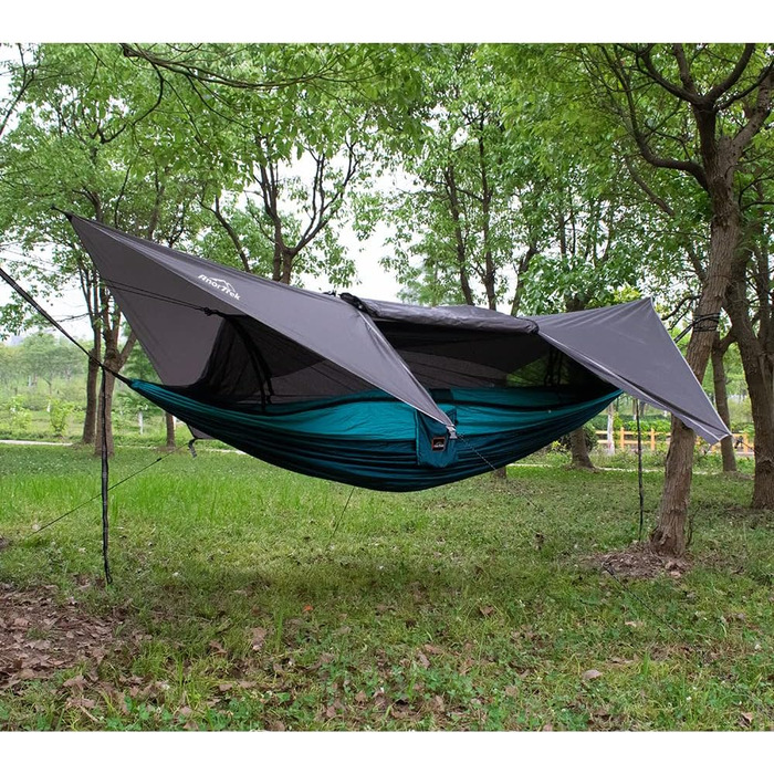 Гамак для кемпінгу з москітною сіткою та тент від дощу, двомісний, 210T нейлон, водонепроникний, для піших прогулянок (зелений, блакитний)