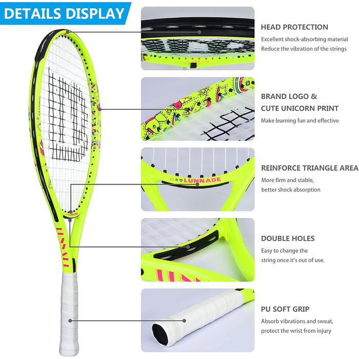 Lunnade Kids Tennis Racket Set - Youth Tennis Racquet for Boys & Girls Ages 3-12 with Cover - 19/21/23/25 Inch Sizes (Yellow, 23 Inch)