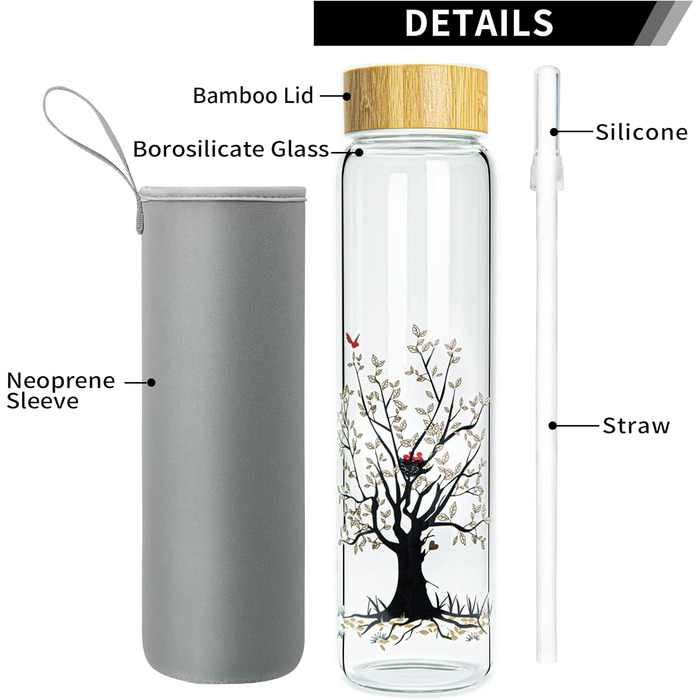 Glass Drinking Bottle 1L Glass Water Bottle with Bamboo Lid 1 Liter (1000ml) (Tree 1liter)