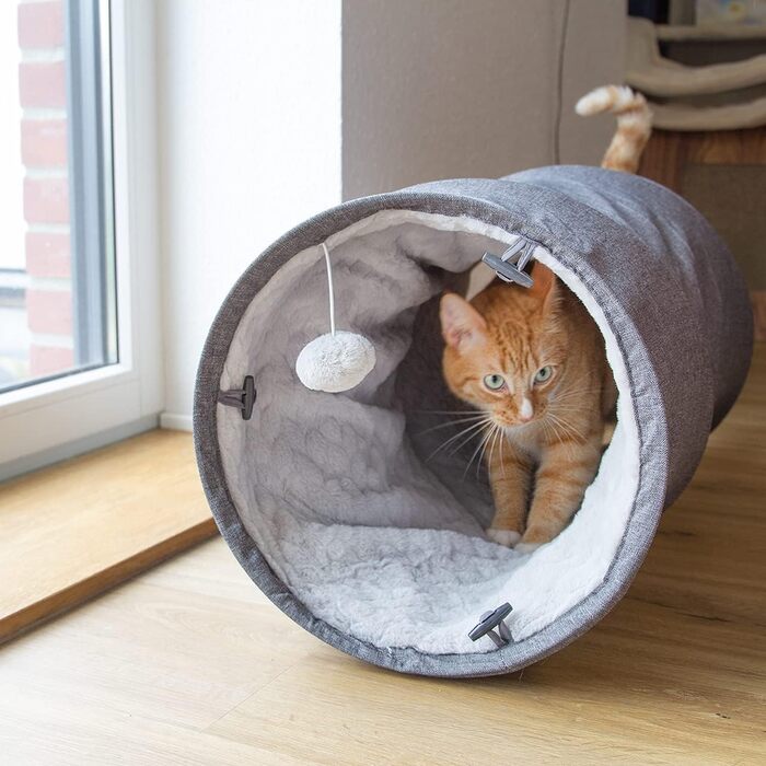 CanadianCat Company | XXL Cat Tunnel with Fluffy Plush | | Approx. 35 x 150 cm - Variable Shape, Integrated Cat Toy (70 x 35 cm, Grey)