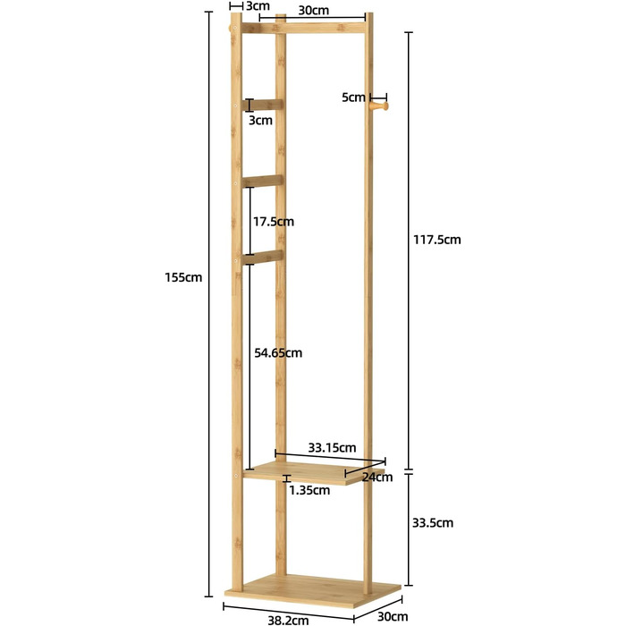 unho Bamboo Wardrobe Rack, Freestanding Clothes Rack, Coat Rack with Clothes Rail, 2 Shelves, 3 Hooks for Clothing, Hats, Bags, Hallway, Entrance Area