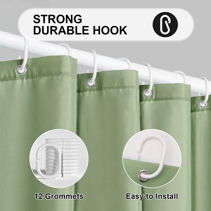 Завіса для душу 180x180 см, водонепроникна, антигрибкова, з кільцями (зелена)