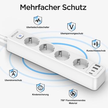 Розподільник розеток з 4 USB та захистом від перенапруги, 4000W, 16A, з вимикачем, 1.8м кабель, білий