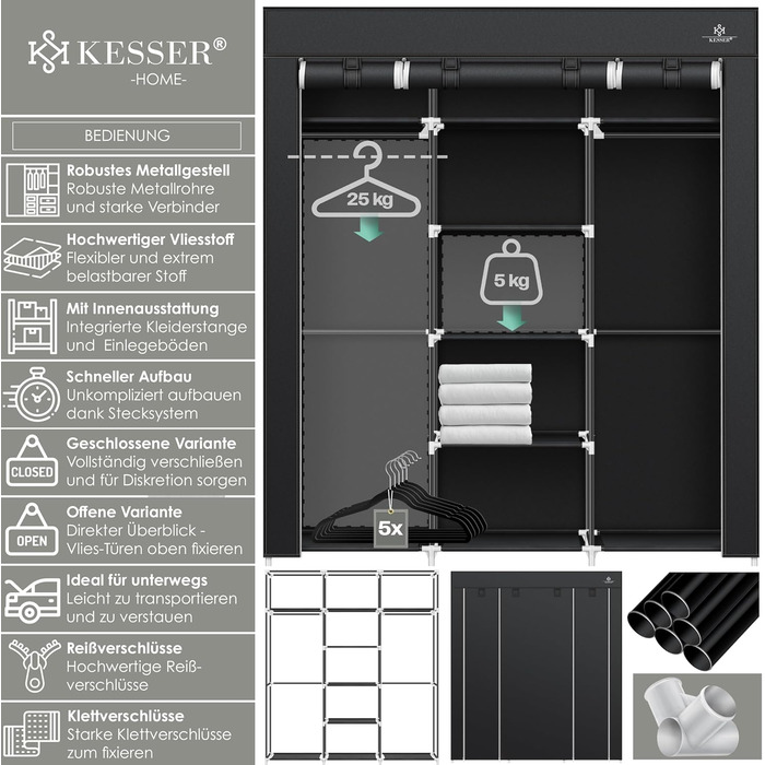 KESSER® Wardrobe Fabric Wardrobe Stable with Clothes Rail & Shelves, Incl. 5x Clothes Hangers, Fabric Folding Wardrobe for Bedroom, Dressing Room Closet with Clothes Rack 150x45x175cm Black