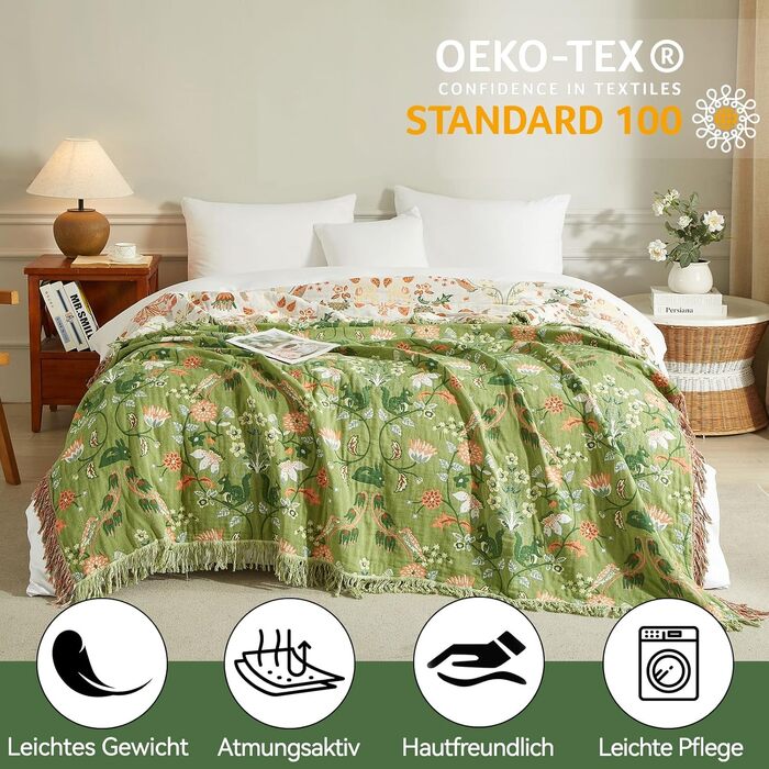 Покривало Bailix Premium Boho з 100% бавовни муслін, двосторонній плед з китицями для дивана та ліжка, 200x230 см, колір волого-зелений