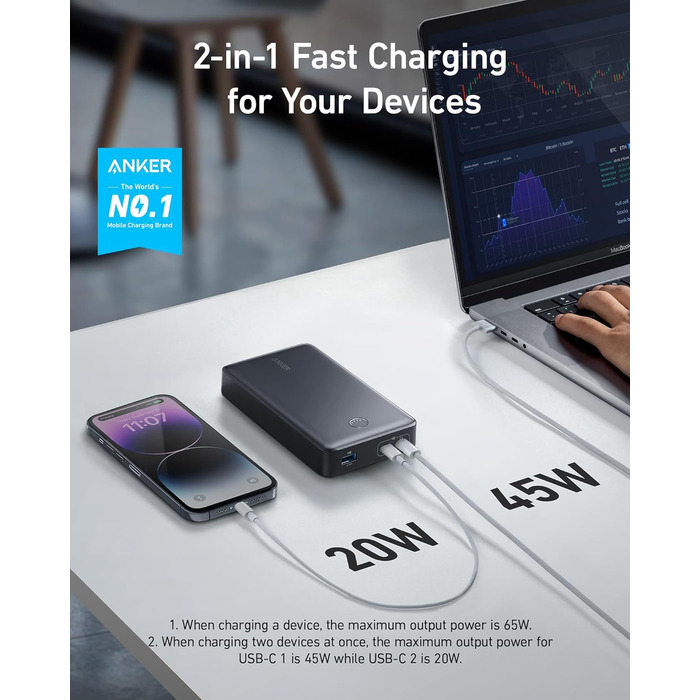 Powerbank Anker 537 PowerCore 24K (65W) - 24000mAh, чорний. Сумісний з MacBook Pro, Dell XPS, iPad Pro, iPhone, iWatch
