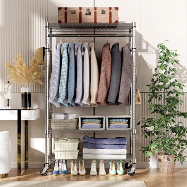 Міцний мобільний вішак для одягу з 3 рівнями, регульовані полиці, 2 штанги та гачки - 40x75x189.3 см (хром)