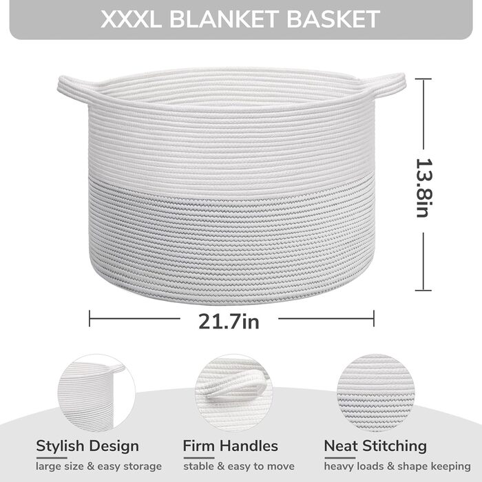 TIMEYARD XXL Large Laundry Basket, Storage Basket, Children's Laundry Basket, Storage Basket for Toys Cotton Rope, Basket with Handles for Blankets and Pillows, 55x35cm, White with