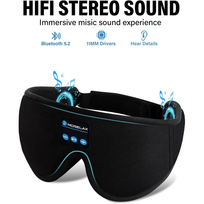 Маска для сну з Bluetooth-навушниками, 3D маска для сну, бездротова музична маска для сну для тих, хто спить на боці/спині, чорний колір