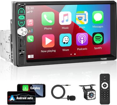 Автомагнітола SIXWIN 1 DIN з 7'' сенсорним екраном, Apple CarPlay, Android Auto, Bluetooth, FM, USB/AUX/TF, з камерою заднього виду, мікрофоном та пультом