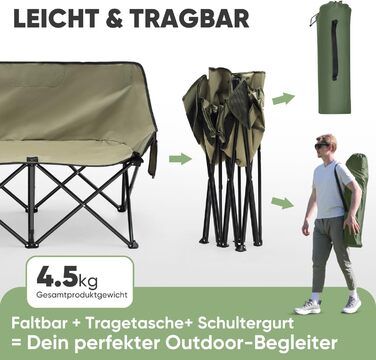 Складане кемпінгове софа для 2 осіб - портативний стілець для кемпінгу з підлокітниками та сумкою, ідеально підходить для пікніків, кемпінгу, саду, балкону, намету та риболовлі (Оливковий, 110 см)