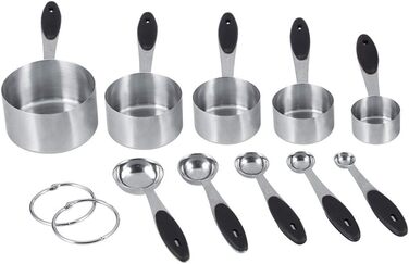 Stainless steel measuring cups and spoons, 10-piece set with storage rings, nesting teaspoons for measuring dry and liquid ingredients. Spoons