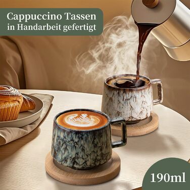 Набір чашок еспресо (4 шт.), 190 мл, кераміка з дерев'яними підставками, для кави, капучино, американо, лате, мока та чаю (бежевий, блакитний, темно-синій, темно-зелений)