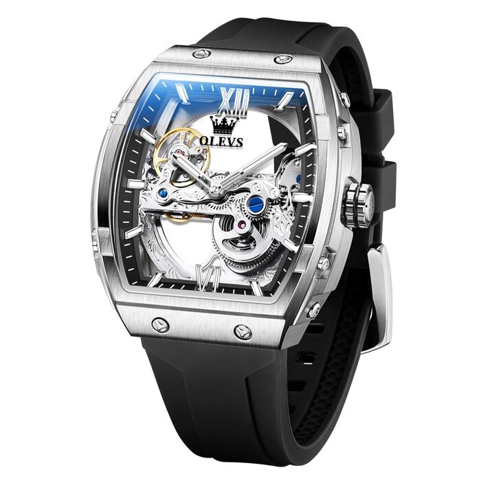 Чоловічий скелетон годинник OLEVS автоматичний, розкішний годинник зі сталевим браслетом, водонепроникний, з календарем та підсвіткою (Срібно-чорний)