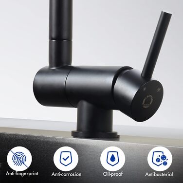 Кухонний змішувач CECIPA Vorfenster чорного матового кольору, високого тиску, з нержавіючої сталі, з гнучким виливом, поворотний на 360°