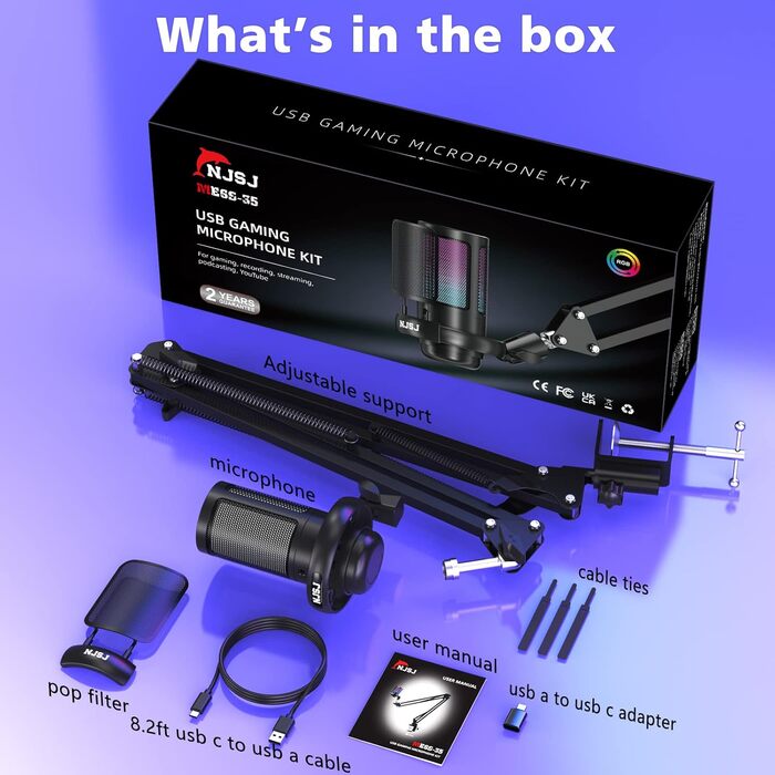Мікрофон для комп'ютера NJSJ Gaming з тримачем, USB для PC, MAC, PS4/PS5: з кнопкою вимкнення звуку, навушниками, поп-фільтром, конденсаторний кардіоїдний для стрімінгу та подкастів (Чорний)