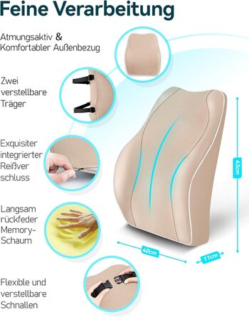 Подушка для спини Ergonomisches RückenKissen Travel Ease з Memory Foam, для офісного та комп'ютерного крісла, з антистатичним, приємним до шкіри чохлом, для зручної постави