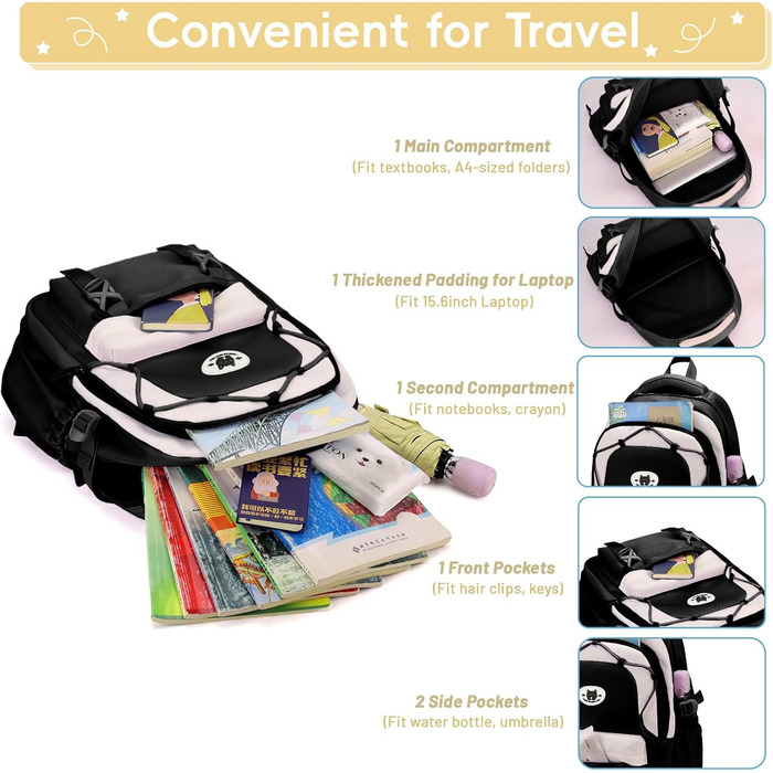 Рюкзак Tanou для школи, 30L, нейлон, для дівчаток 3-9 класів, з тролейовою петлею та брелоком, чорний