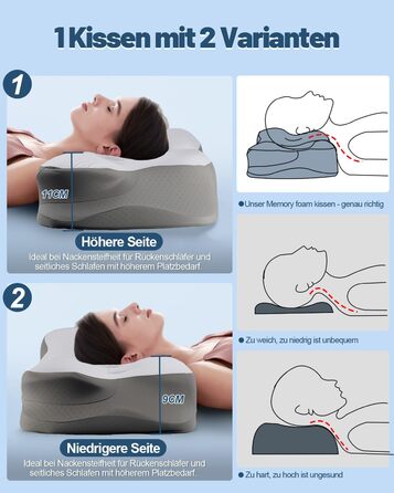 Ортопедична подушка для сну для тих, хто спить на боці, з зоною полегшення вух, з піною з пам'яті, для зняття болю в шиї, подушка для підтримки шиї, для спини/живота, темно-сіра