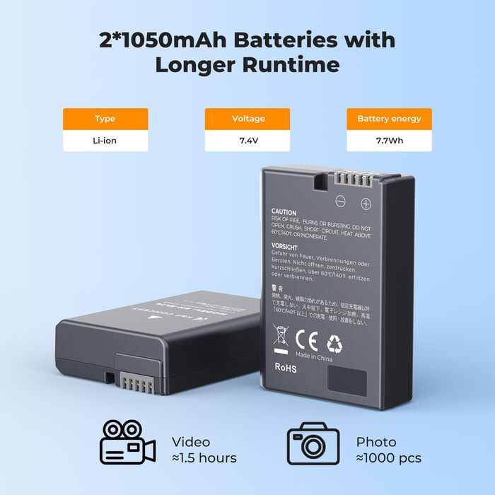 Акумулятор K&F CONCEPT EN-EL14 (2 шт.) та зарядний пристрій 2xUSB для Nikon D3500, D5600, D3200, D3300, D3400, D5500, Coolpix P7800, P7700, P7200, P7100, P7000