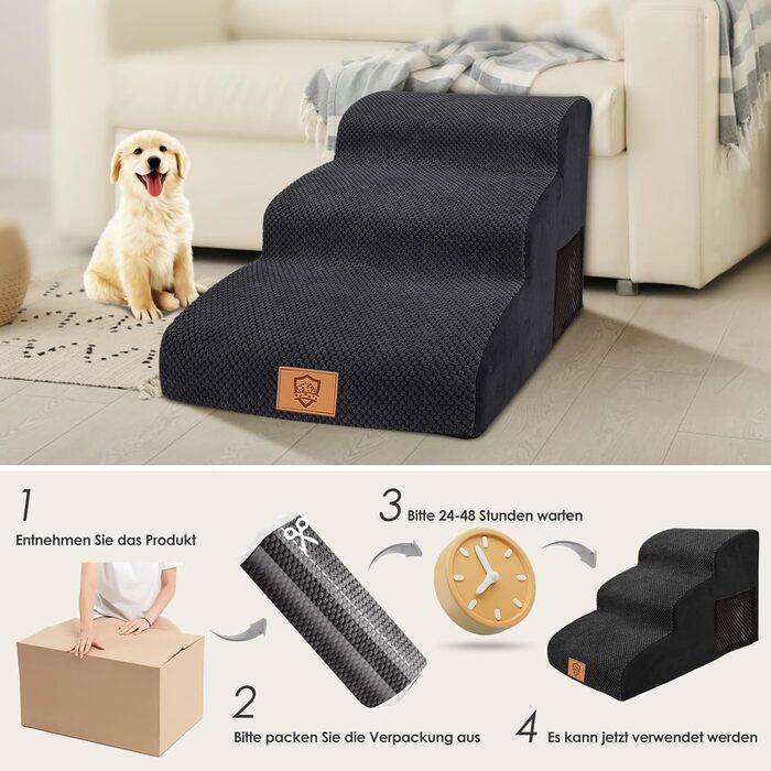 Myiosus Dog Stairs, 2 Steps Pet Stairs, Waterproof Dog Steps Made of Sponge, Non-Slip Dog Ramp for Sofa Bed, Washable Cover Dog Stairs, Portable Cat Stairs (Dog Stairs 3 Steps, Black)