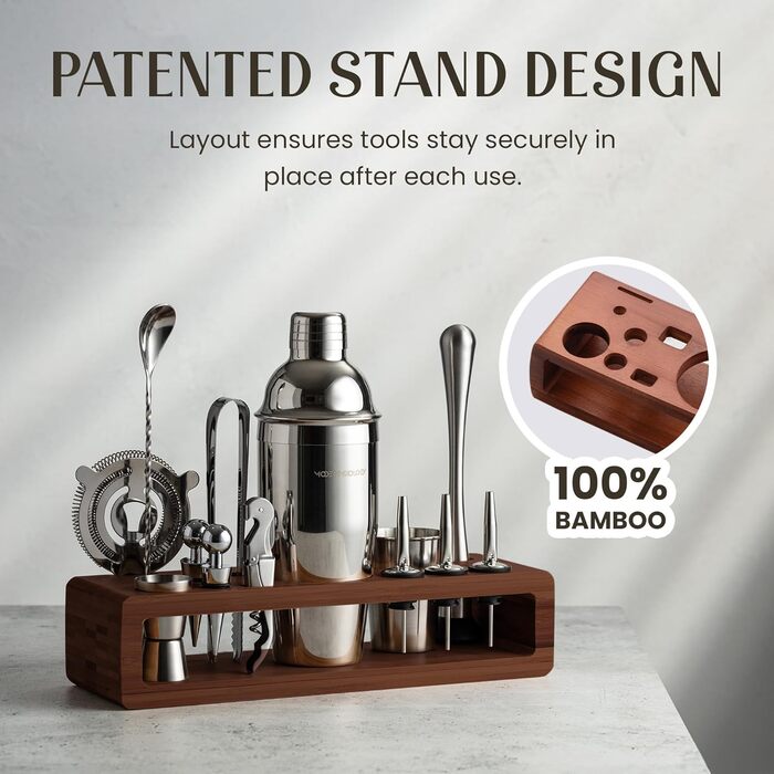 Набір для коктейлів Modern Mixology 21 предмет, стійка, професійний барний набір: шейкер, мірний стакан, ситечко, ложка, пінцет, відкривачка, мадлер (срібний, темно-коричневий)