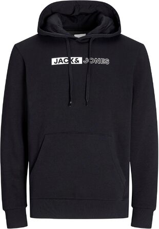 Чоловічий теплий худі з принтом JACK & JONES JJEOGO Basic — чорний, великий розмір (8XL), регулярний крій