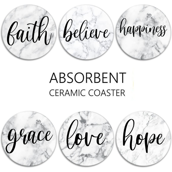 Britimes Drink Coasters, Set of 6, White Marble, Inspiring Love, Absorbent, Round, Ceramic-Stone Mat, with Cork Bottom and Metal Holder, Housewarming Gift, Bar, Decor