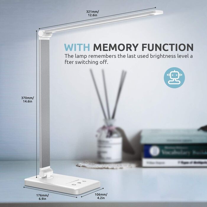 LED лампа настільна дитяча з регулюванням яскравості, 5 кольорів, 10 рівнів, захист очей, сенсорне керування, складана, з акумулятором 2500mAh, срібна