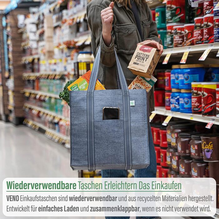 VENO 34 Liter Large Shopping Bag Foldable with Sturdy Bottom and Front Pocket, Reusable Shopping Bags Water-Resistant Tote Bag Shopping Basket for Shopping, Picnic (Gray, 4-Pack)