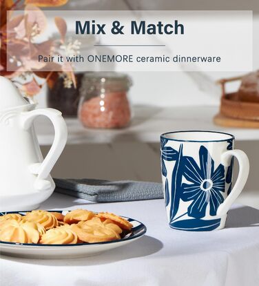 ONEMORE Coffee Mug Set of 4, 355 ml, Porcelain Coffee Cup with Handles, Blue Ceramic Mug for Latte, Cappuccino, Tea, Hot Chocolate, Microwave Safe, Dishwasher Safe, Scratch-Resistant
