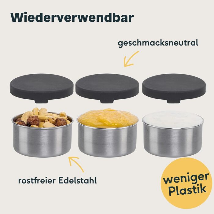Small Stainless Steel Tins, 3-Piece Set with Lid - Leak-Proof Containers for Transporting Food, for Dips, Dressings, Nuts, Granola in Lunch Boxes
