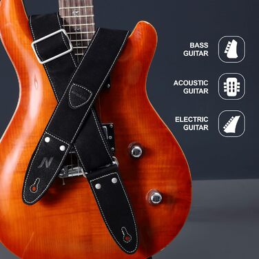 Гітарний ремінь Nefelibata з повного нубуку, з кишенькою для медіатора, для бас-гітари, електрогітари та акустичної гітари, з медіаторами, кнопками та замками (Чорний Зірка)