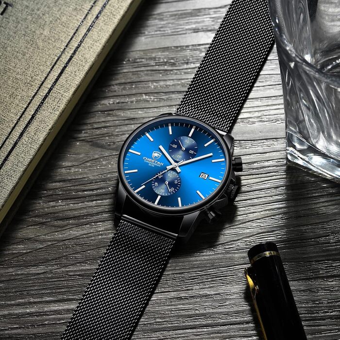 Годинник чоловічий GOLDEN HOUR: стильний хронограф з міцної нержавіючої сталі, водонепроникний, чорний/блакитний циферблат