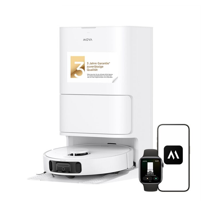 Робот-пилосос Mova E40 Ultra з функцією миття, автоматичним очищенням та потужністю 19000 Па, MaxiReach-моп, бічні щітки, вбудований резервуар 80 мл, станція самоочищення на 75 днів
