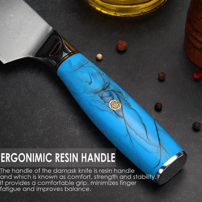Ніж Kiritsuke Kochmesser Damast від Home Safety: професійний кухонний ніж з лезом 18.8 см з 67 шарів VG-10 Damaststahl, ергономічна ручка з натуральної смоли, подарункова коробка (3 шт)