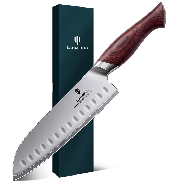 Ніж Santoku SANMEIHO Profi 18 см, японська сталь 10Cr15Mov, кухонний ніж для м'яса, риби та овочів з дерев'яною ручкою Пака