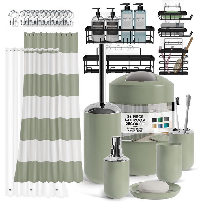 Набір аксесуарів для ванної кімнати Clara Clark – 25 предметів, салатовий колір. Включає: полицю для душу, шторку для душу, щітку для унітазу, смітник.