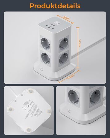 Блок розеток TESSAN з захистом від перенапруги, 3600W, 16A, 8 розеток, 3 USB-C, 2M, сірий